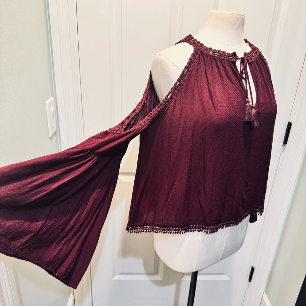 Bohemian cold shoulder bell sleeved embroidered Burgundy Blouse with tassels